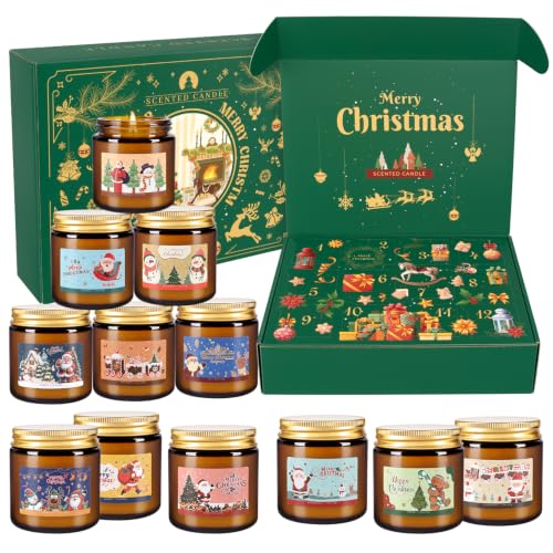 12pcs Holiday Scented Candles Set with Red & Green Variations Christmas Calendar Gift