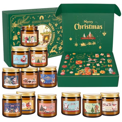 12pcs Holiday Scented Candles Set with Red & Green Variations Christmas Calendar Gift