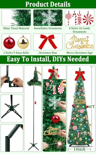 Green 6 Ft Pop Up Christmas Tinsel Tree with Lights & Ornaments - Collapsible Holiday Decor