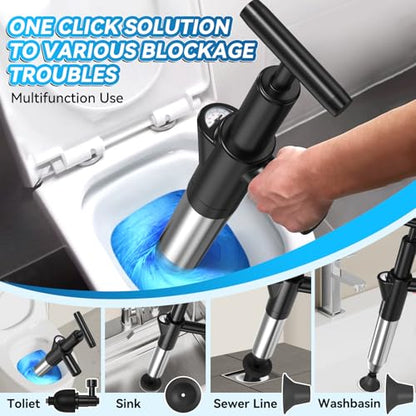 EXPBSYOU Black High Pressure Toilet Plunger with Visual Barometer - Stainless Steel Air Drain Blaster for Clogged Toilets and Drains