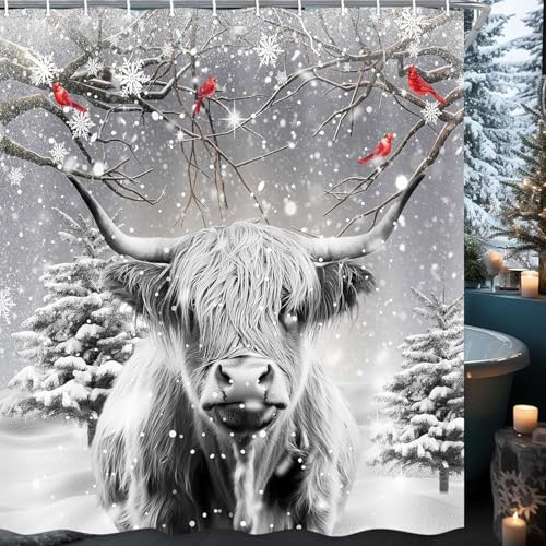 Winter Christmas Highland Cow Shower Curtain - Grey 72x72 Inches
