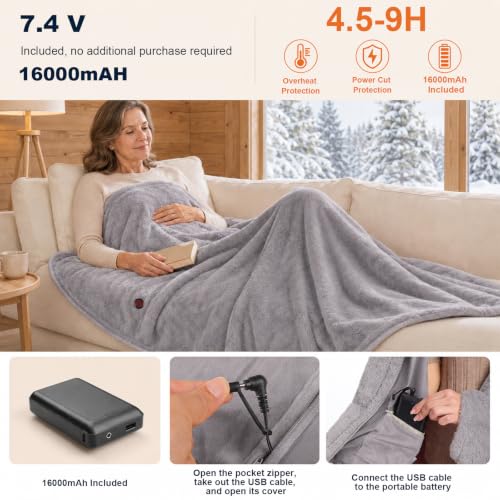 Cordless Heated Blanket with 16000mAh Battery and Fleece Lining - Gray
