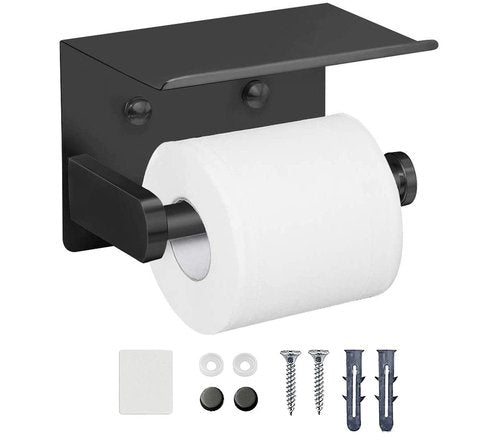 XDerln Toilet Paper Holder with Phone Shelf SUS 304 Toilet Paper Roll Holder - Wall Mounted Toilet Paper Roll Holder Adhesive Or Drilling Tissue Roll Holder with Shelf - Black Matte