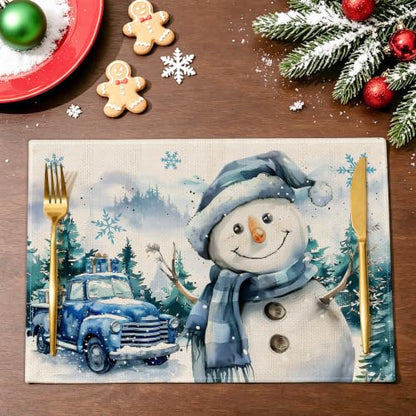 Snowman Christmas Placemats Set of 4 - 12x18 Inches Holiday Table Decor