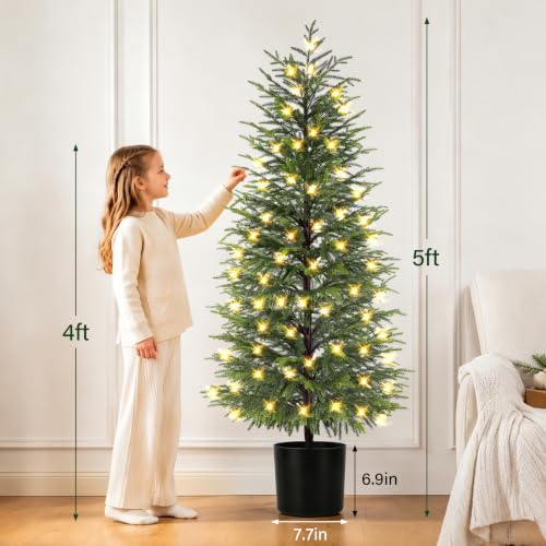 2-Pack 5FT Prelit Norfolk Pine Christmas Trees with LED Lights, Real Touch Foliage, Potted Faux Trees for Indoor Outdoor Decor