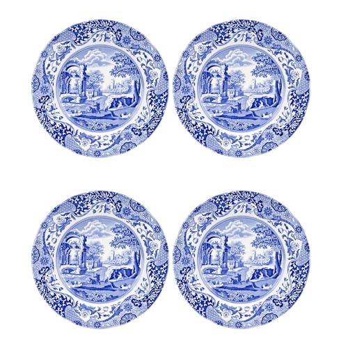 Blue & White Porcelain Luncheon Plates Set of 4 - 10.5-Inch Dinnerware with Eastern-Inspired Border