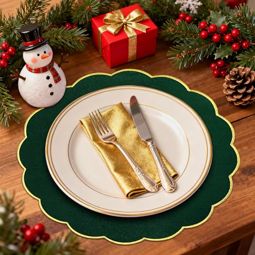 Green Christmas Velvet Placemats Set of 4 - Scalloped Round Table Decor, 14.5 Inch, Washable & Heat Resistant