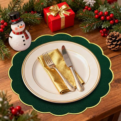 Green Christmas Velvet Placemats Set of 4 - Scalloped Round Table Decor, 14.5 Inch, Washable & Heat Resistant