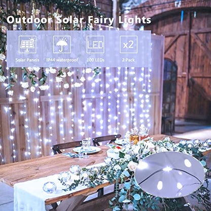 Solar String Lights Outdoor 66FT 200 LEDs White 2-Pack with Reel & 8 Modes