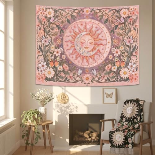 Pink Sun and Moon Boho Tapestry 48x36 Inch - Vintage Floral Wall Hanging