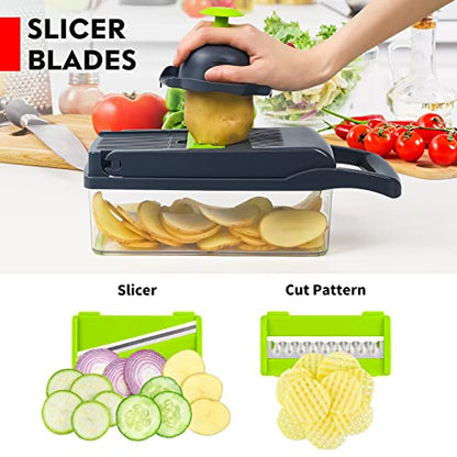 Vegetable Chopper, Pro Onion Chopper, 14 in 1Multifunctional Food Chopper, Kitchen Vegetable Slicer Dicer Cutter,Veggie Chopper With 8 Blades,Carrot Chopper With Container (Grey)