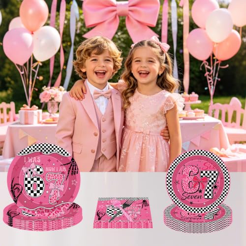Pink Checkerboard 6-7 Birthday Party Tableware Set - Pink Bow 6-7