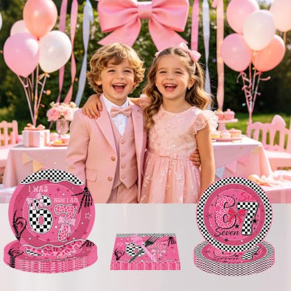 Pink Checkerboard 6-7 Birthday Party Tableware Set - Pink Bow 6-7