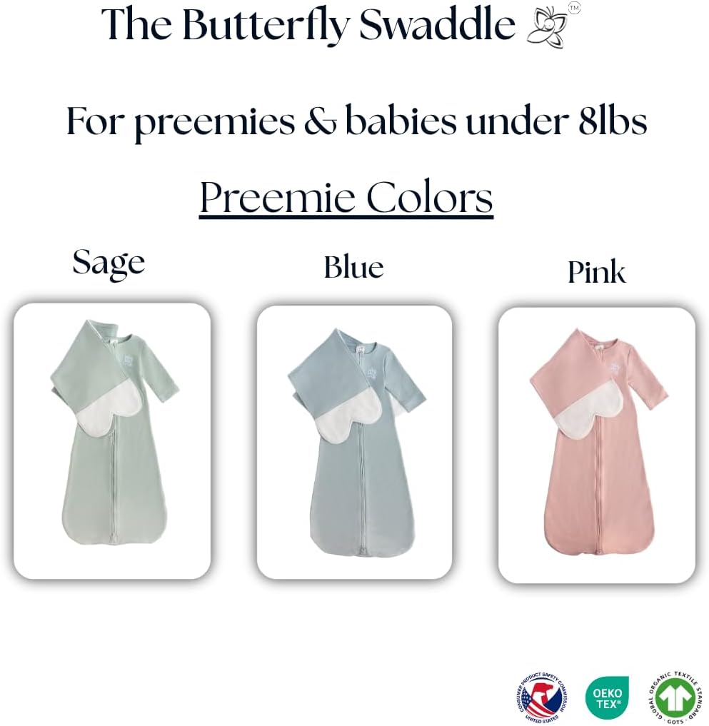 Butterfly Swaddle - Organic Newborn Baby Sleep Sack & Wrap Blanket | Calming Sage Accessory for Preemies (4-7 lbs)