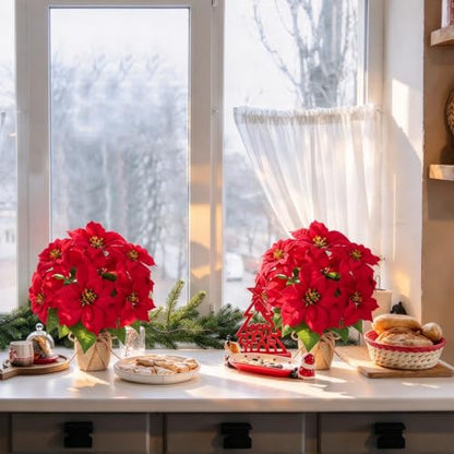 Mini Potted Christmas Poinsettia Flowers - 13 Inch Red Faux Plant, Rustic Decor