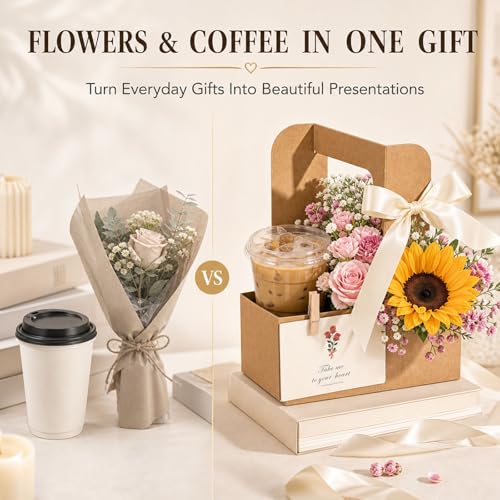 Reallnaive 16 Pack Flower Bouquet Drink Carrier with Handle - Brown Floral