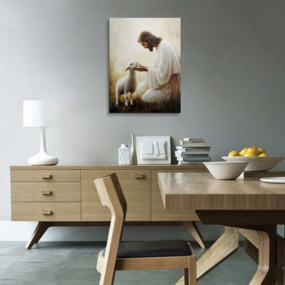 Jesus Holding Lamb Canvas Wall Art - Serene Christian Decor for Home & Church | 12x16 Inches