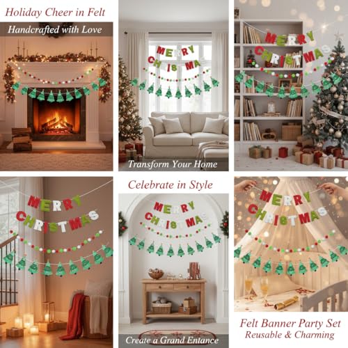 Christmas Felt Banner with Red Green Letters and Holiday Patterns - Moderate Variation