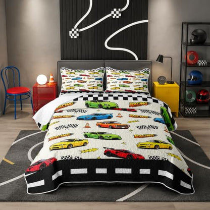 Racing 05 Twin Size Quilted Bedspread Set - Black White Checkered Coverlet with Pillow Sham