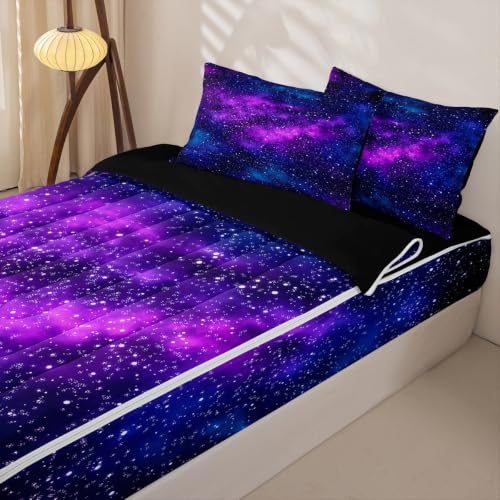 Purple Galaxy Twin Comforter Set with Zippered Fitted Sheet & Pillowcases - Space Universe Bedding