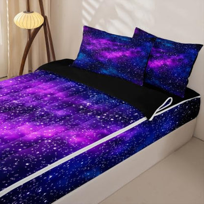 Purple Galaxy Twin Comforter Set with Zippered Fitted Sheet & Pillowcases - Space Universe Bedding