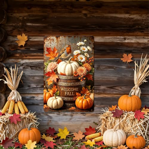 Welcome Fall Tin Sign - Pumpkin Bird Daisy Patio Wall Decor 8x12 - Rustic Autumn Harvest