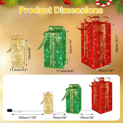 Christmas Lighted Gift Boxes Set of 3 - Warm Red Green Outdoor Decor with 16 Modes