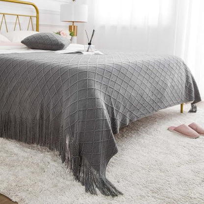 Decorative Bed Runner with Tassels and Diamond Knit Pattern - All Season Waffle Knit Textile 51x67in