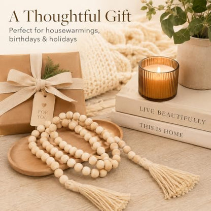 Wood Bead Garland 58in Rustic Farmhouse Decor with Tassels - Natural Finish