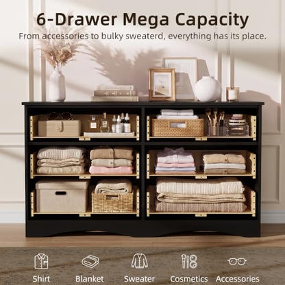 Black Bedroom Dresser with 6 Drawers and Fluted Front - 47.2 Inch