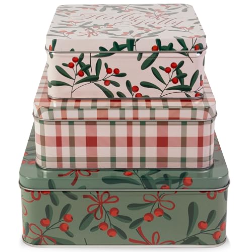 Square Cookie Tin Set of 3 - Holly Jolly Holiday Gift Containers