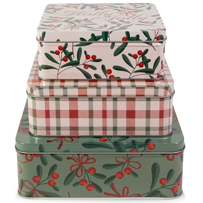 Square Cookie Tin Set of 3 - Holly Jolly Holiday Gift Containers