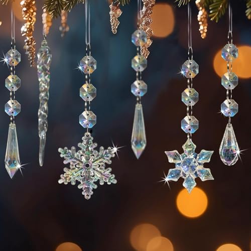 Iridescent Christmas Tree Ornaments Set - 80pcs Snowflake & Icicle Shapes
