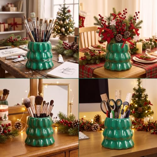 Green Ceramic Christmas Tree Utensil Holder - Kitchen Organizer, Holiday Decor