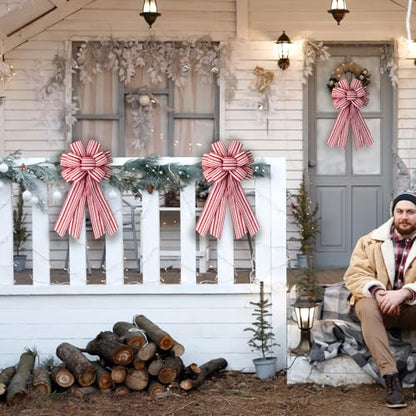 Red White Stripes Burlap Wreath Bow for Front Door Holiday Decorations - Fall Christmas Thanksgiving