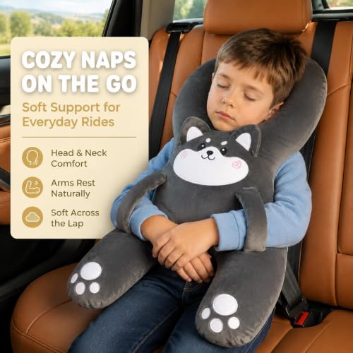 Kids Travel Car Pillow with Hand Straps - Gray Support Neck & Head Rest for Naps