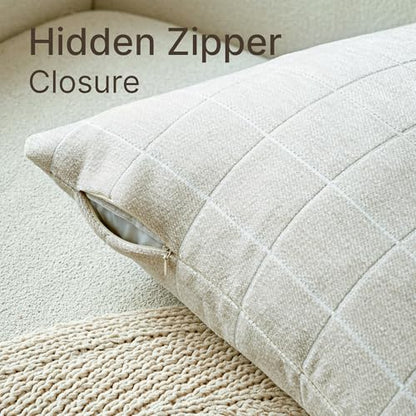 Beige Chenille Plaid Throw Pillow Covers Set of 2 26x26 Inches - Boho Home Decor