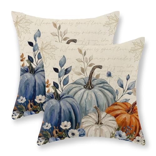 Watercolor Fall Pumpkin Pillow Covers 18x18 Set of 2 Orange Blue White Linen