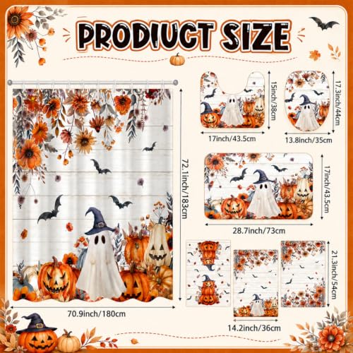 Halloween Floral Shower Curtain Set with Ghosts Pumpkins & Flowers - Tiamon