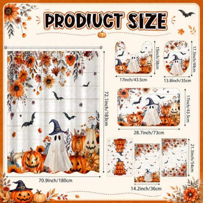 Halloween Floral Shower Curtain Set with Ghosts Pumpkins & Flowers - Tiamon