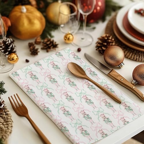 Kemingni Pink and Green Christmas Kitchen Towels Set of 4 - Holiday Hand Towels with Nutcracker & Gingerbread Design, 16x24 Inches, Color 05