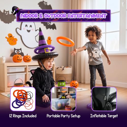 Halloween Ring Toss Game Set with Inflatable Spider & Witch Hat - 2 Pack Indoor Outdoor Party Fun