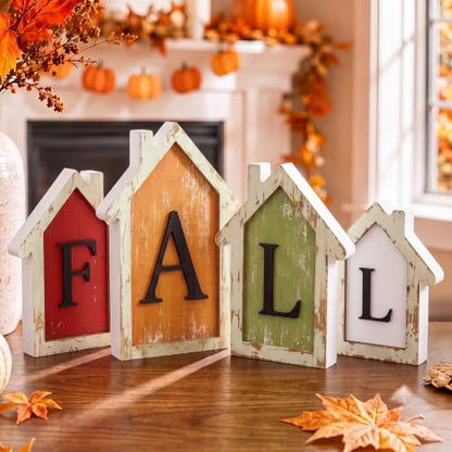 Fall Wooden House Signs Set - Rustic Farmhouse Autumn Decor for Table Mantel Kitchen