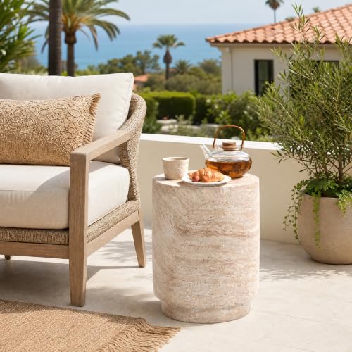 Ivory 18-Inch Round Side Table - Travertine-Style Cement Drum Accent