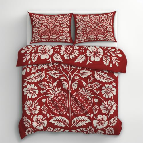 Scandinavian Folk Art Duvet Cover Queen Size 3 Piece Set - Red & White