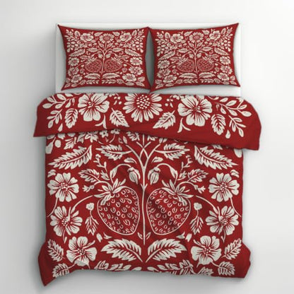 Scandinavian Folk Art Duvet Cover Queen Size 3 Piece Set - Red & White