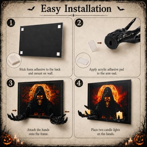 Halloween 3D Grim Reaper Wall Decor with LED Candles and Bats - Indoor Haunted House Gothic Wall Art