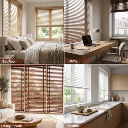 Brown 2-Inch Wooden Slat Cordless Window Blinds - Indoor Horizontal Shades
