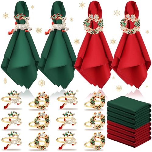 Christmas Cloth Napkins & Ring Set - Elk, Bell, Green - 16 Pieces