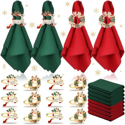 Christmas Cloth Napkins & Ring Set - Elk, Bell, Green - 16 Pieces